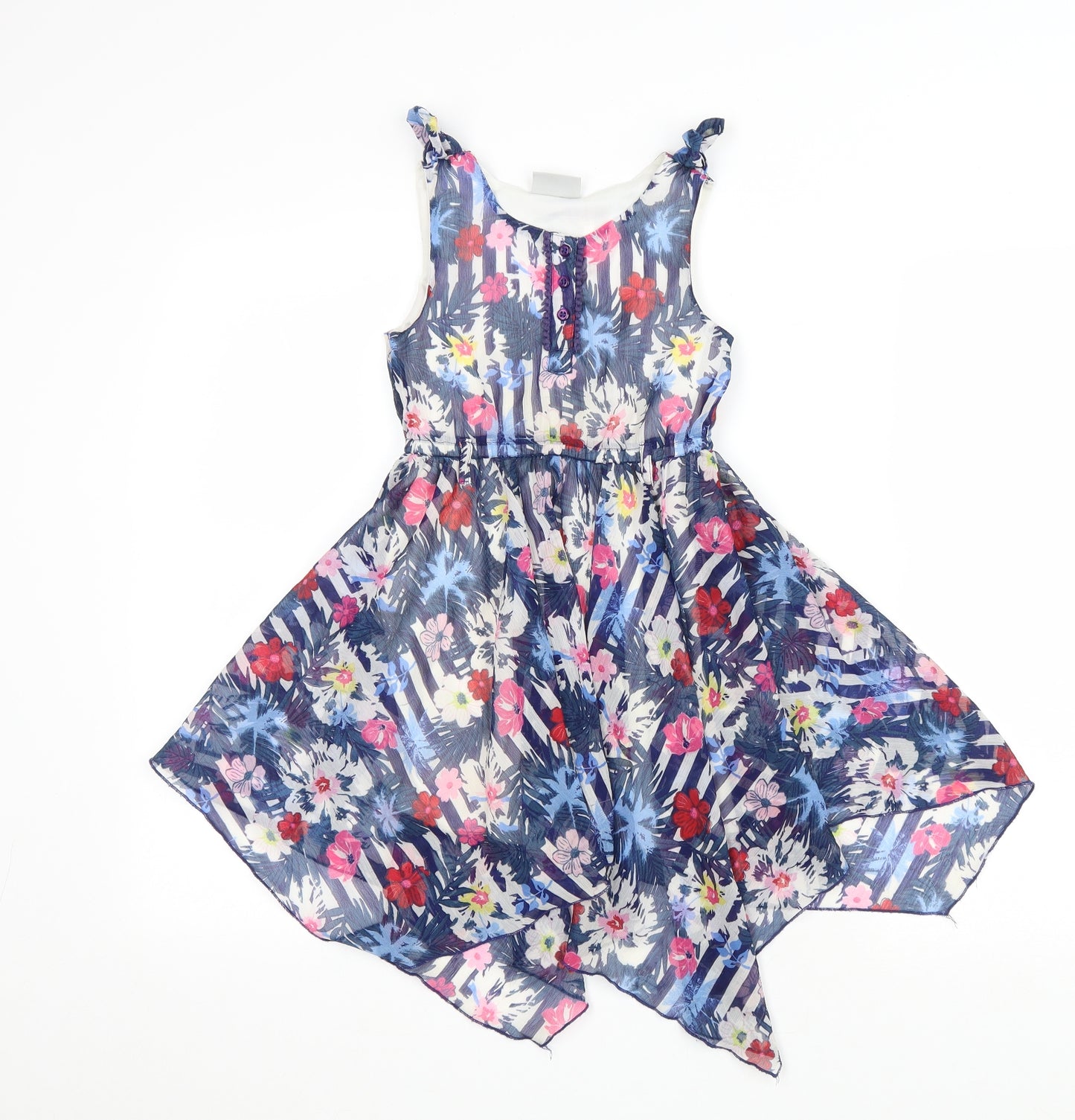 Matalan Girls Blue Floral Polyester Fit & Flare Size 5 Years Scoop Neck Button