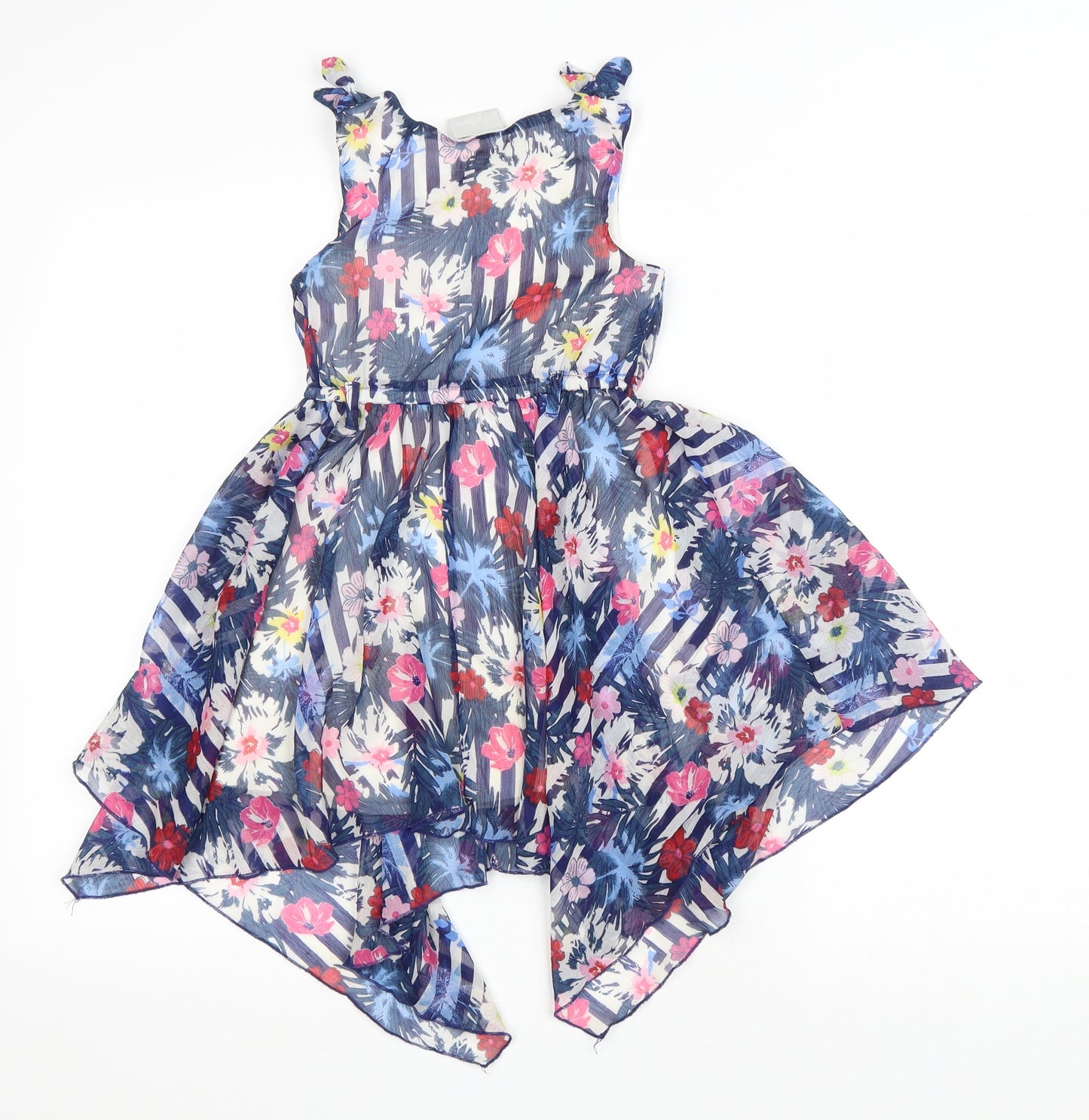 Matalan Girls Blue Floral Polyester Fit & Flare Size 5 Years Scoop Neck Button
