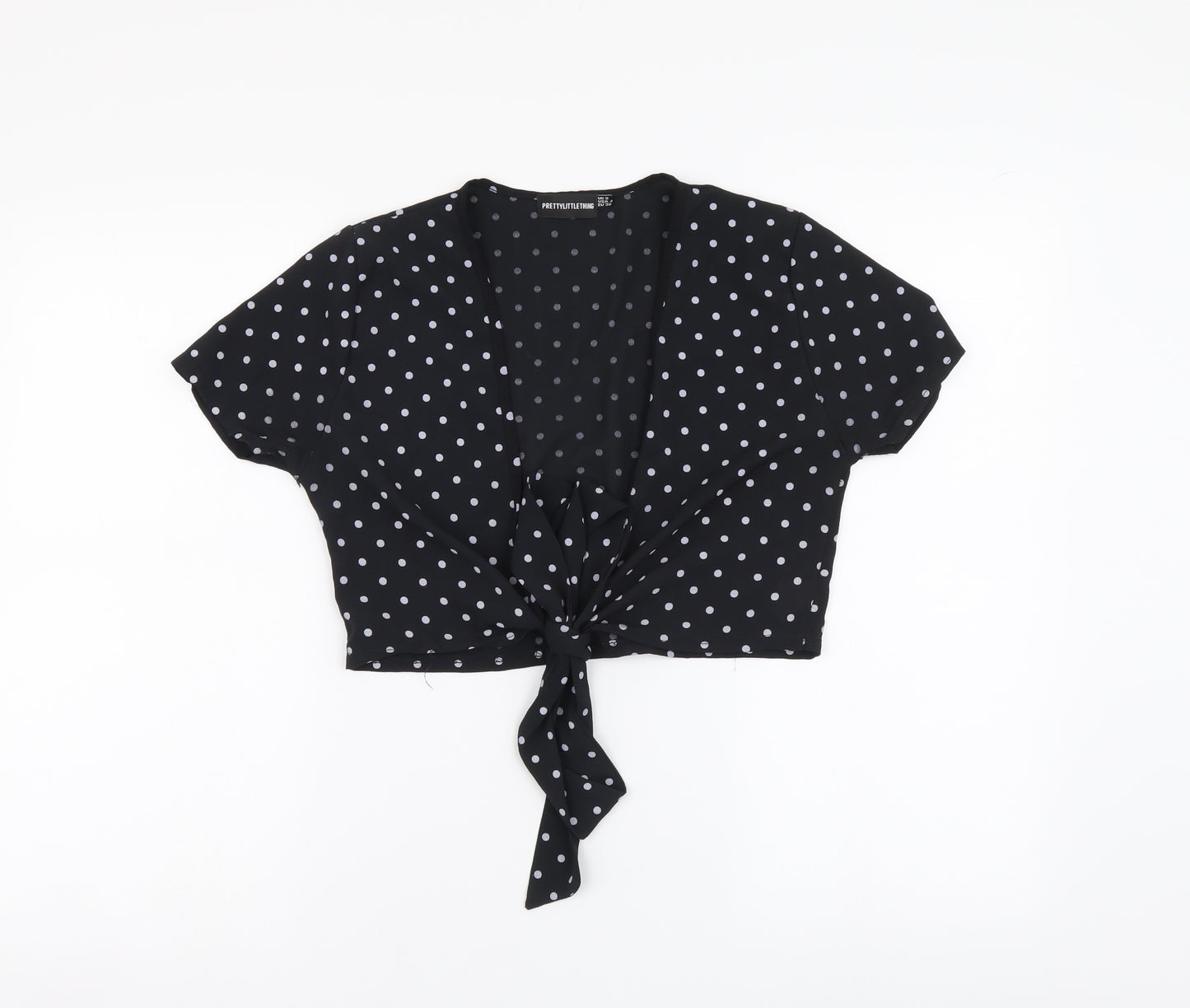 PRETTYLITTLETHING Womens Black Polka Dot Polyester Cropped Blouse Size 8 V-Neck