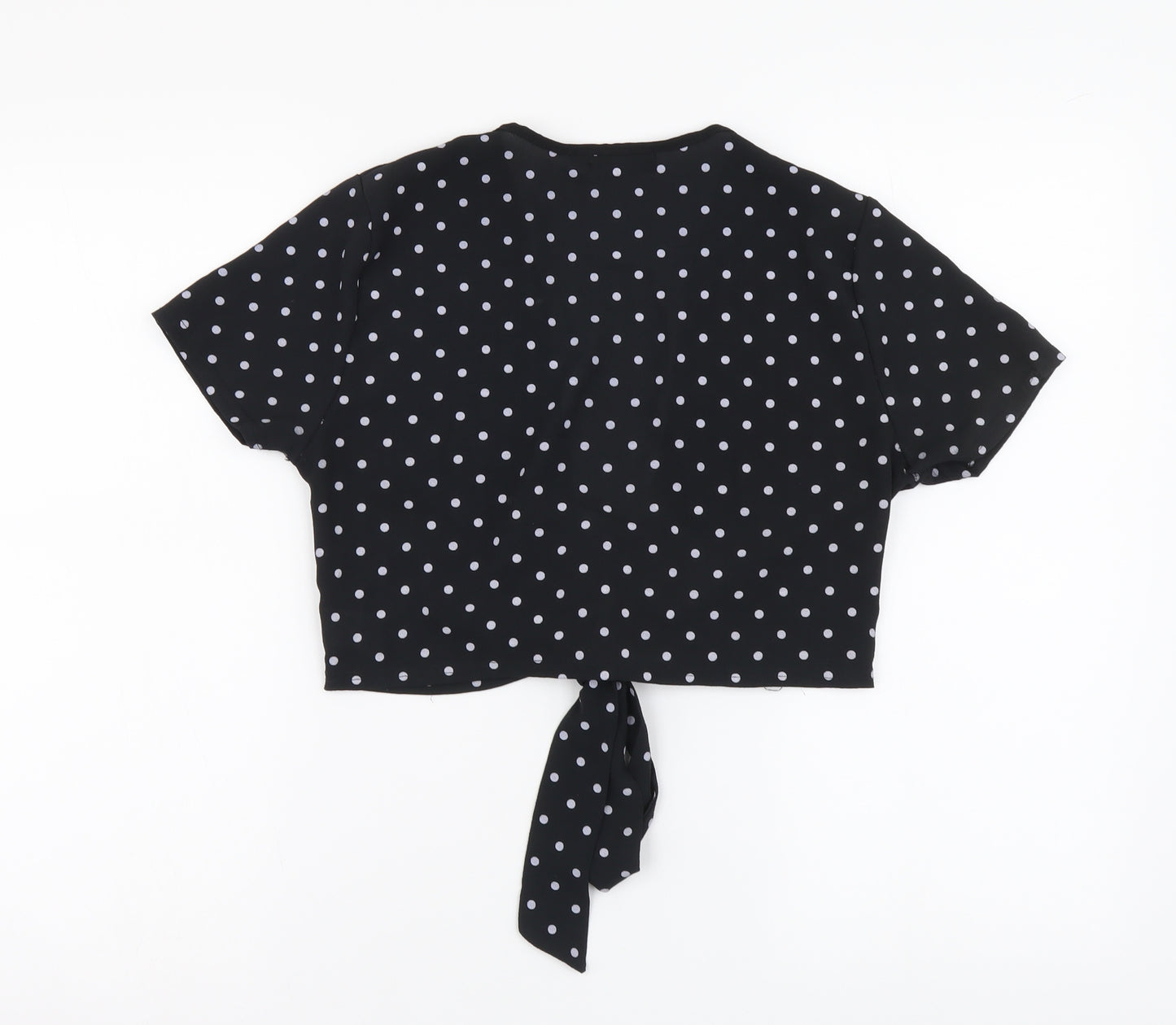 PRETTYLITTLETHING Womens Black Polka Dot Polyester Cropped Blouse Size 8 V-Neck