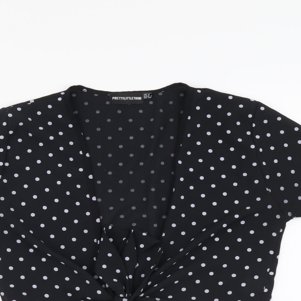 PRETTYLITTLETHING Womens Black Polka Dot Polyester Cropped Blouse Size 8 V-Neck