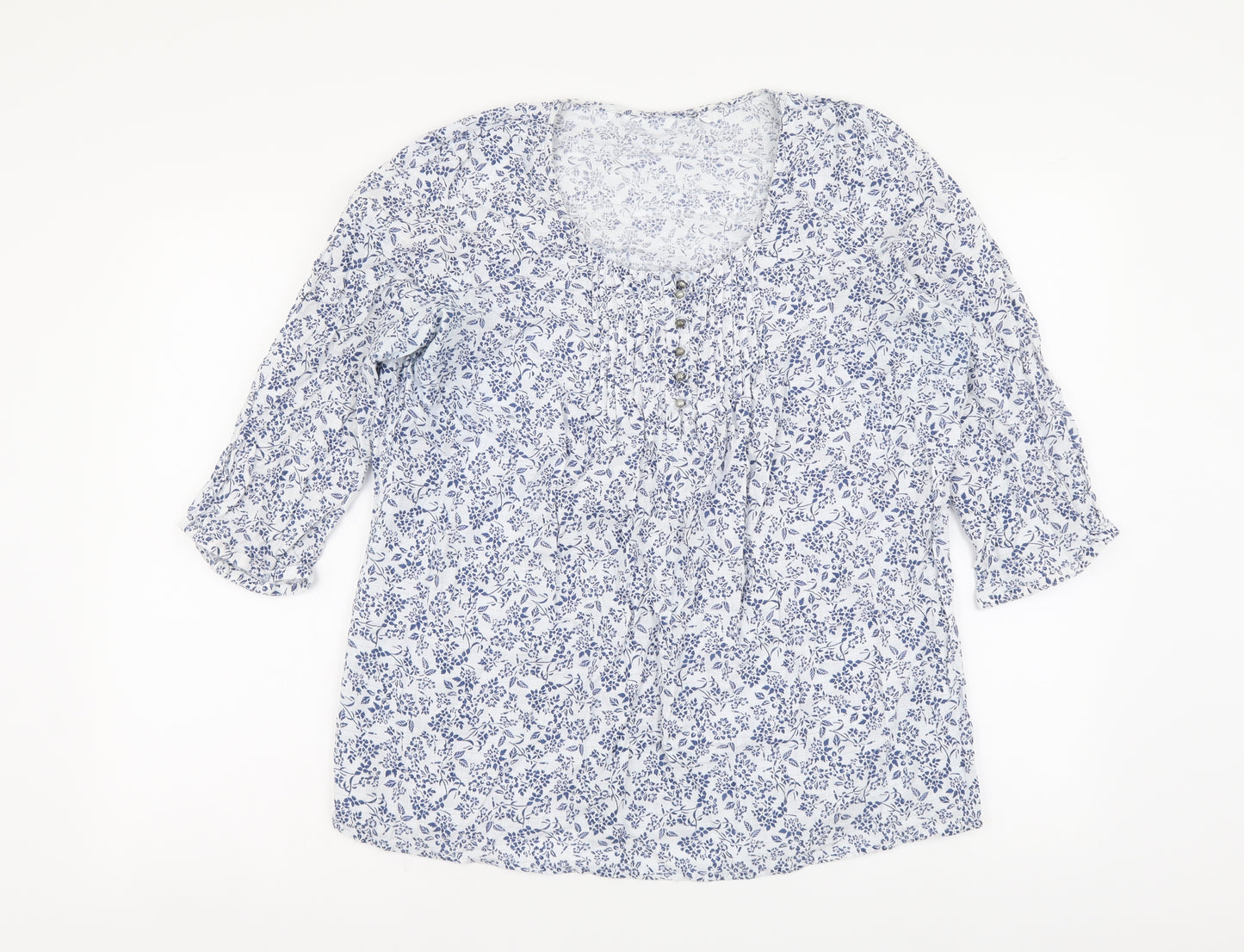 Preworn Womens Blue Geometric Cotton Basic Blouse Size 16 Round Neck