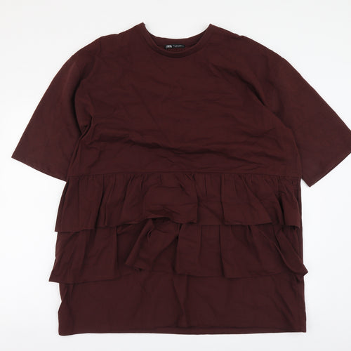 Zara Womens Red Cotton Tunic Blouse Size S Round Neck