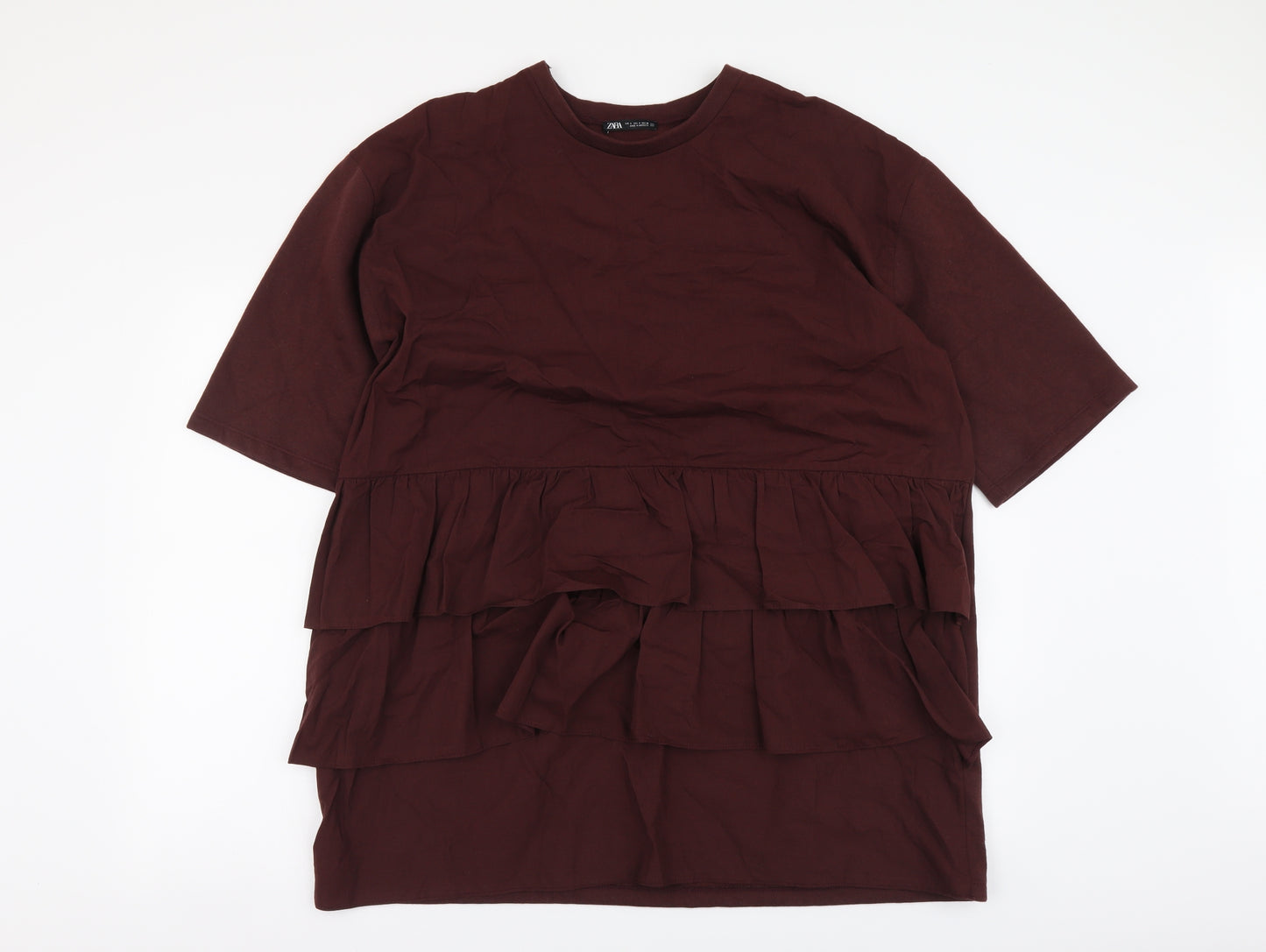 Zara Womens Red Cotton Tunic Blouse Size S Round Neck