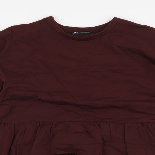 Zara Womens Red Cotton Tunic Blouse Size S Round Neck