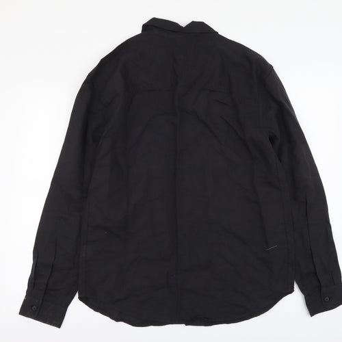 Pull&Bear Mens Black Linen Button-Up Size S Collared Button