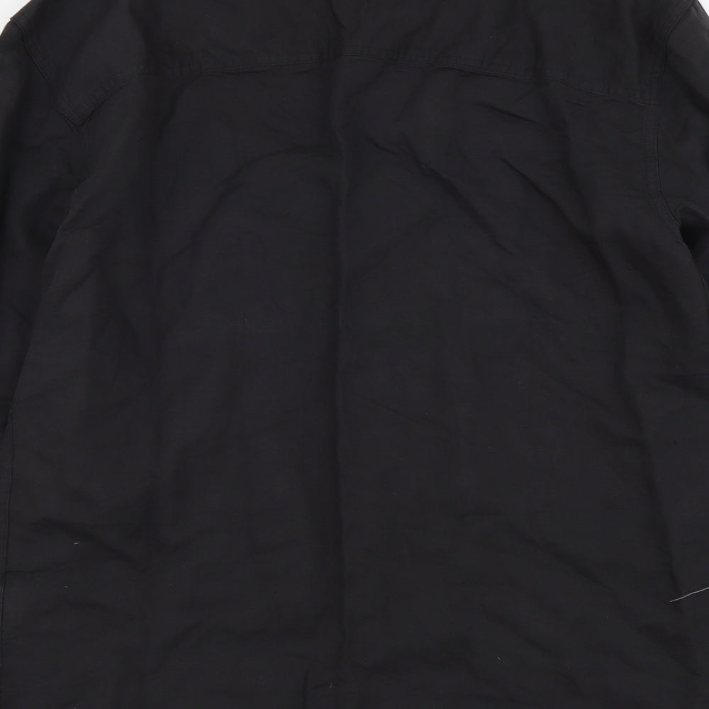 Pull&Bear Mens Black Linen Button-Up Size S Collared Button