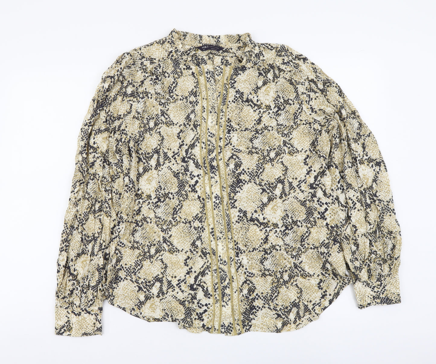 Marks and Spencer Womens Beige Animal Print Viscose Basic Button-Up Size 12 Round Neck - Snake Skin Print