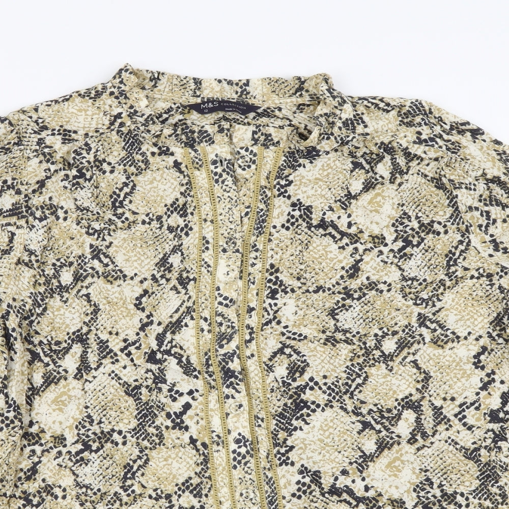 Marks and Spencer Womens Beige Animal Print Viscose Basic Button-Up Size 12 Round Neck - Snake Skin Print
