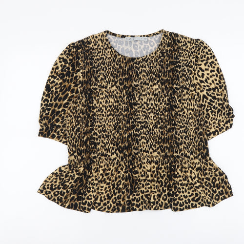 Oasis Womens Brown Animal Print Polyester Basic Blouse Size M Round Neck
