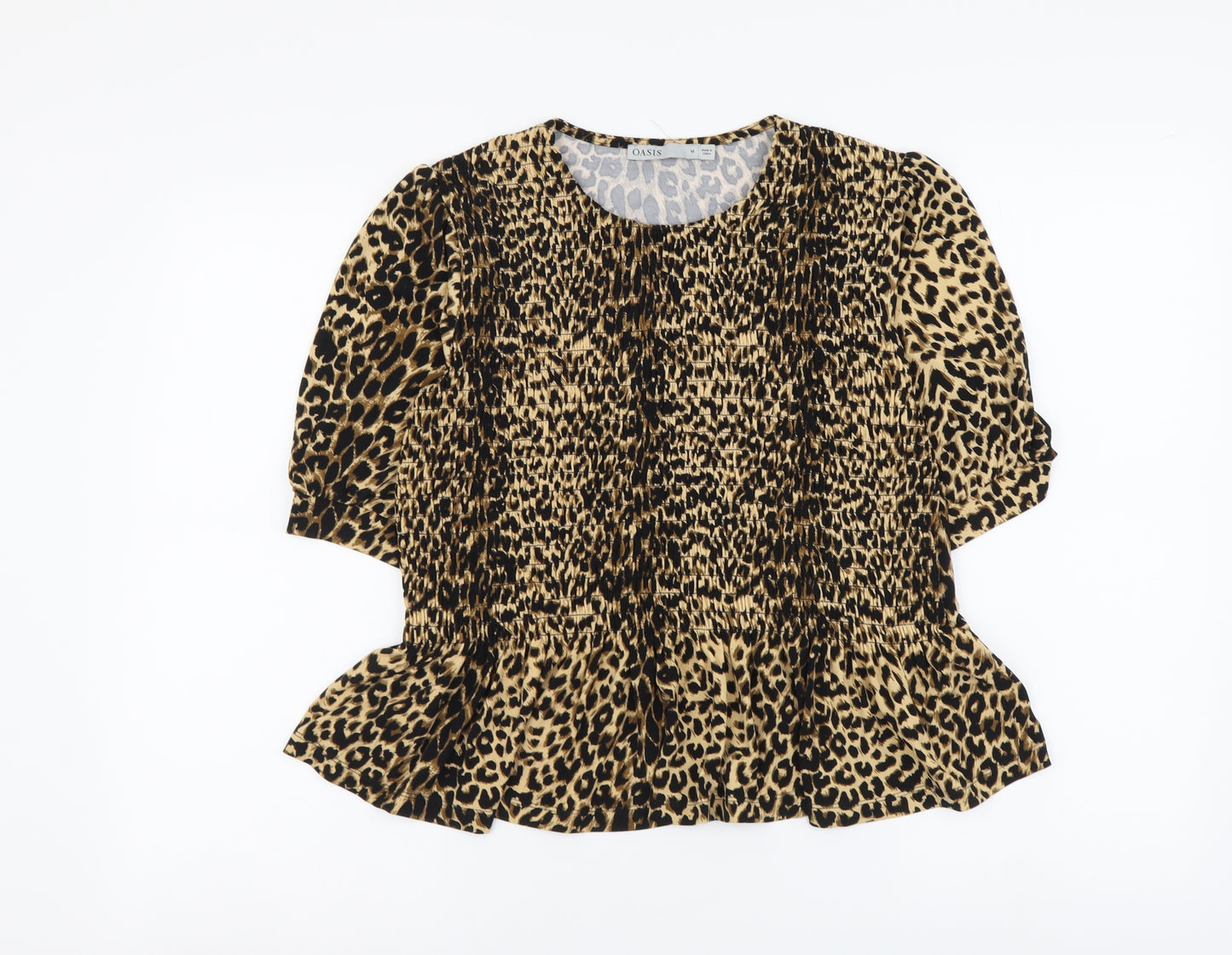 Oasis Womens Brown Animal Print Polyester Basic Blouse Size M Round Neck