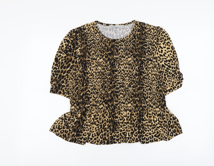 Oasis Womens Brown Animal Print Polyester Basic Blouse Size M Round Neck
