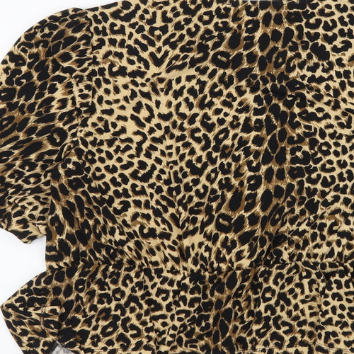 Oasis Womens Brown Animal Print Polyester Basic Blouse Size M Round Neck