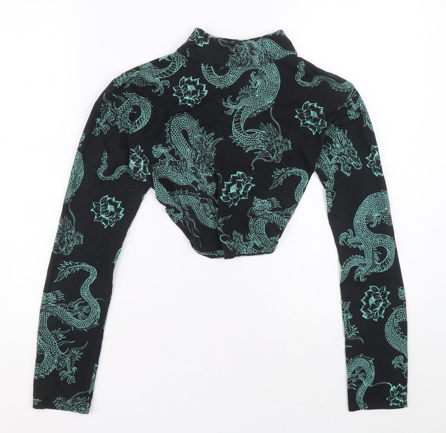 Motel Womens Black Mock Neck Geometric Cotton Pullover Jumper Size M - Dragon and flower design Backless