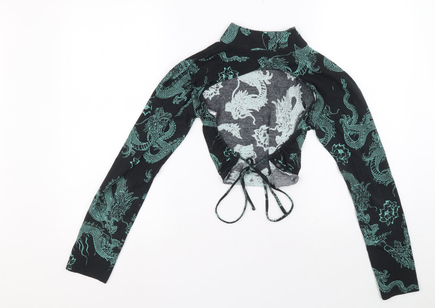 Motel Womens Black Mock Neck Geometric Cotton Pullover Jumper Size M - Dragon and flower design Backless