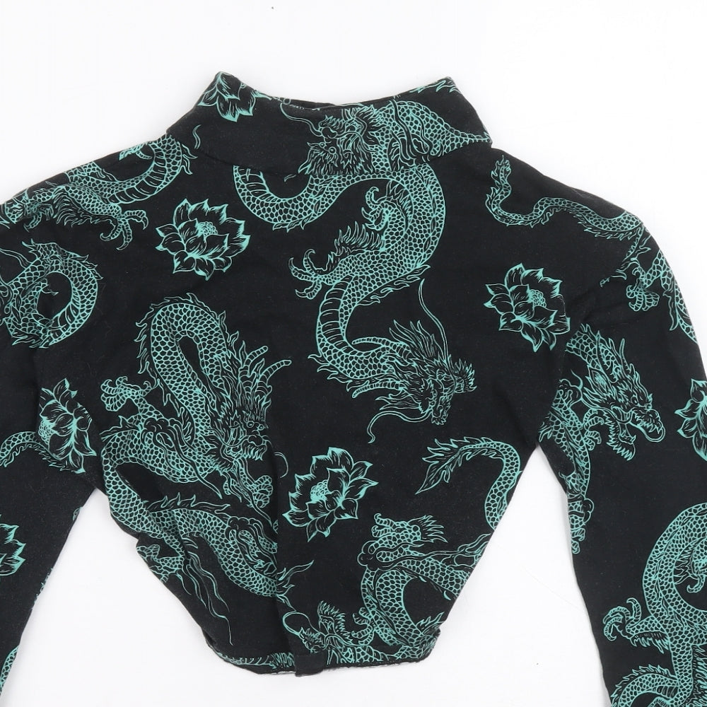Motel Womens Black Mock Neck Geometric Cotton Pullover Jumper Size M - Dragon and flower design Backless