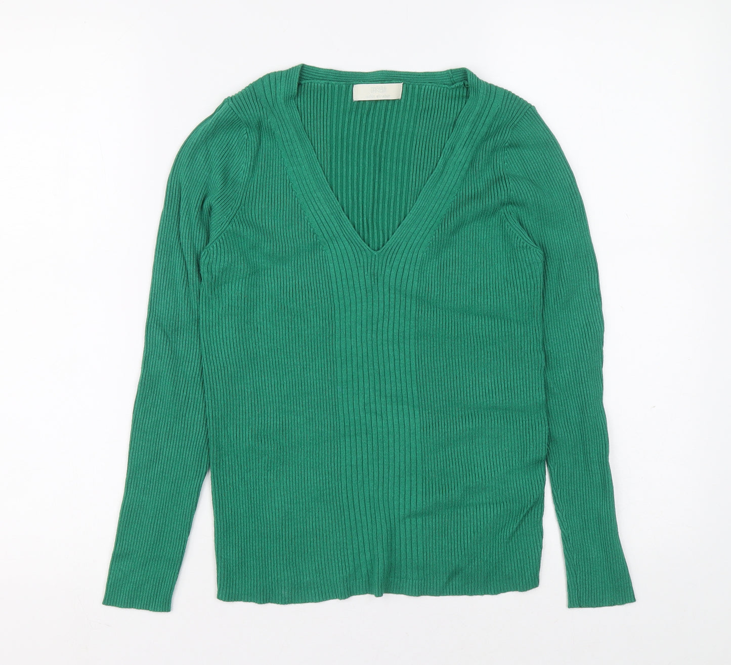 Marks and Spencer Womens Green V-Neck Viscose Pullover Jumper Size 16 - Ribbed fabric