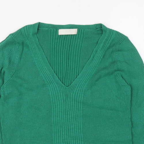 Marks and Spencer Womens Green V-Neck Viscose Pullover Jumper Size 16 - Ribbed fabric