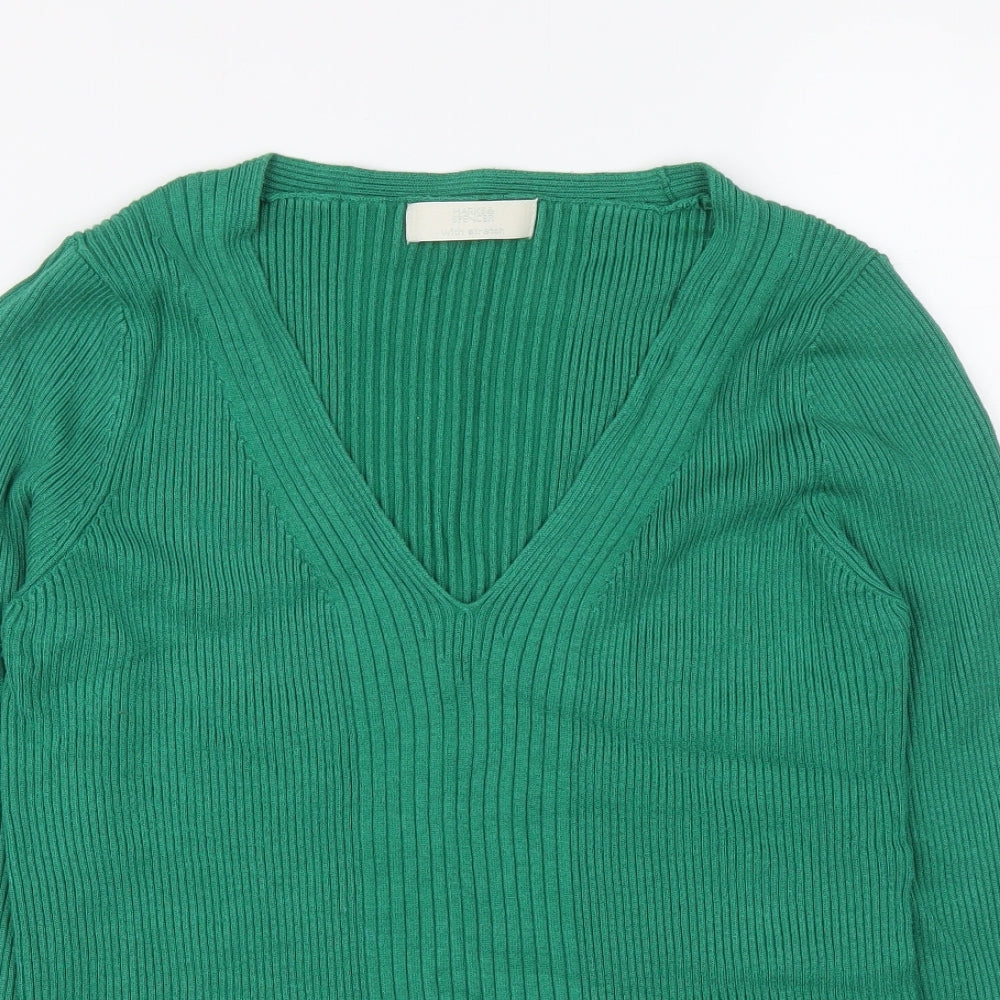 Marks and Spencer Womens Green V-Neck Viscose Pullover Jumper Size 16 - Ribbed fabric