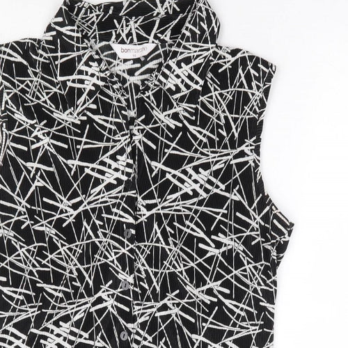 Bonmarché Womens Black Geometric Polyester Basic Button-Up Size 14 Collared