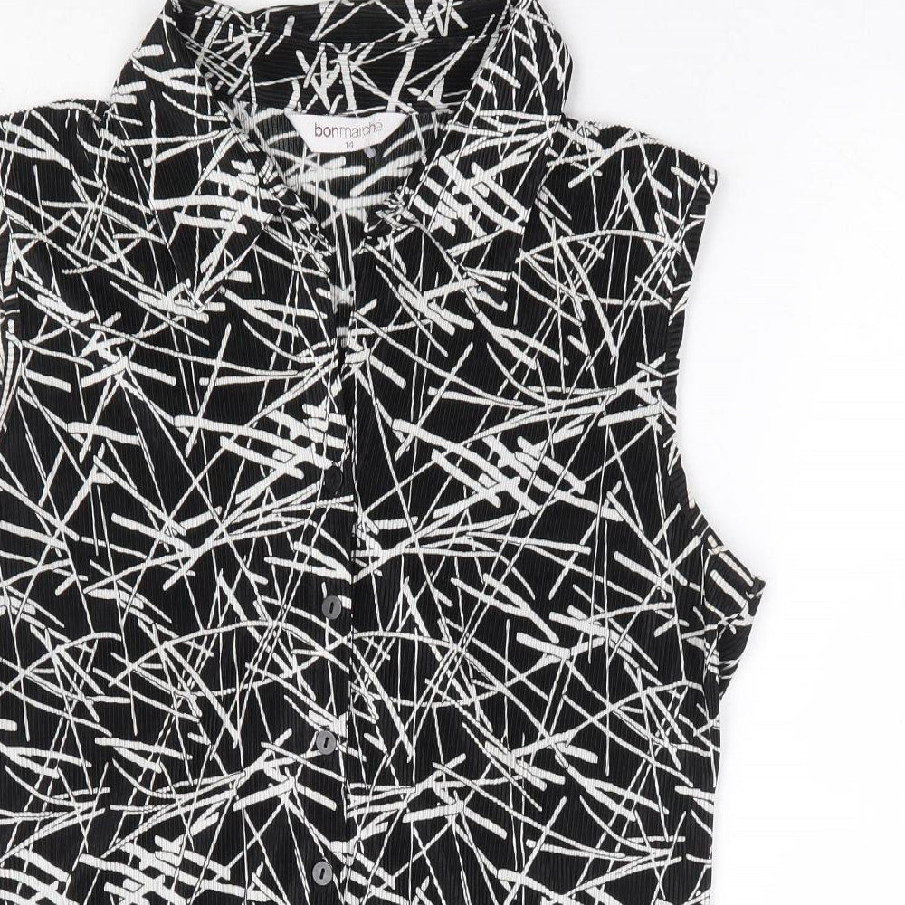 Bonmarché Womens Black Geometric Polyester Basic Button-Up Size 14 Collared