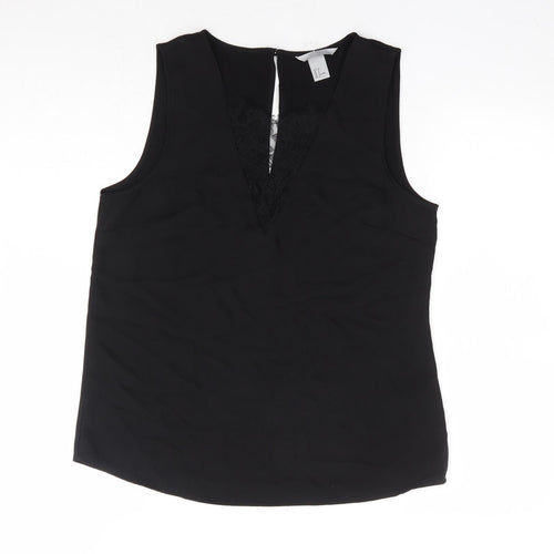H&M Womens Black Polyester Basic Blouse Size 10 Round Neck - Lace Insert