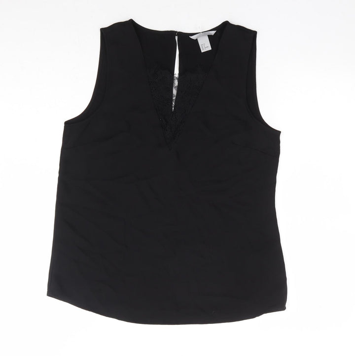 H&M Womens Black Polyester Basic Blouse Size 10 Round Neck - Lace Insert