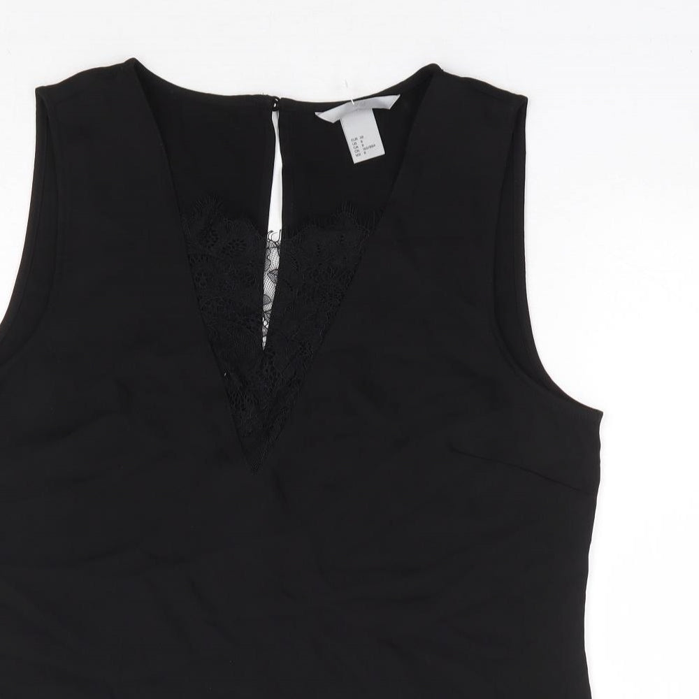 H&M Womens Black Polyester Basic Blouse Size 10 Round Neck - Lace Insert