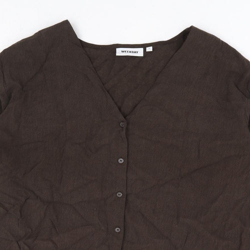 Weekday Womens Brown Viscose Basic Button-Up Size S V-Neck