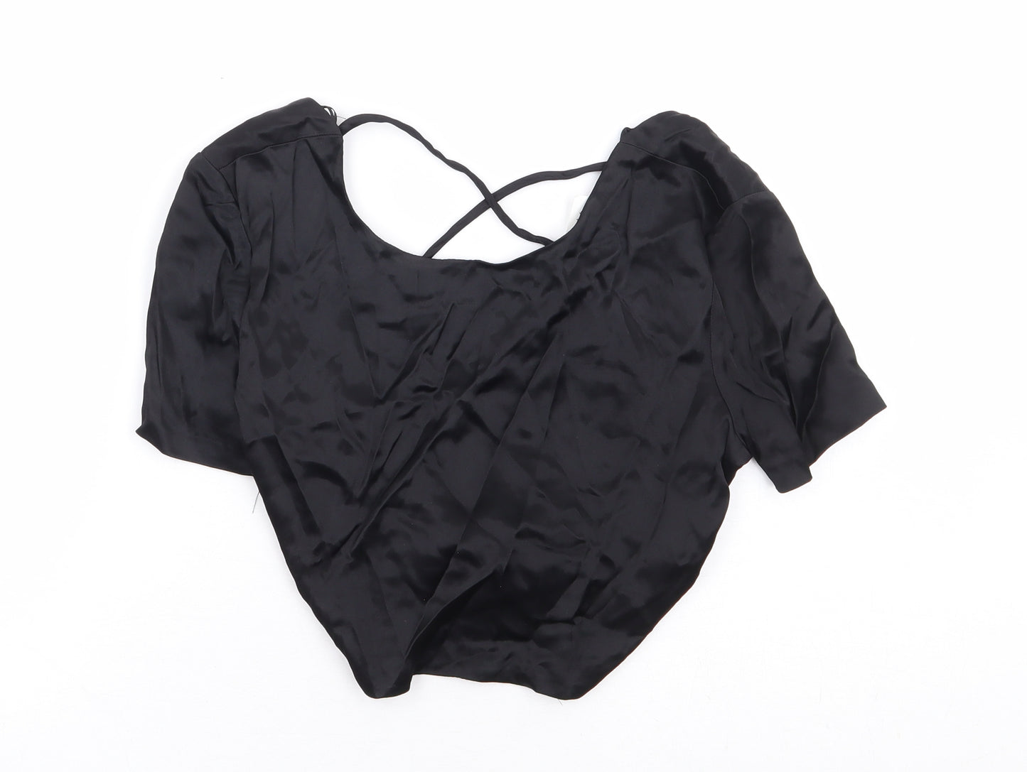 Zara Womens Black Polyester Cropped T-Shirt Size M Round Neck - Tie Back