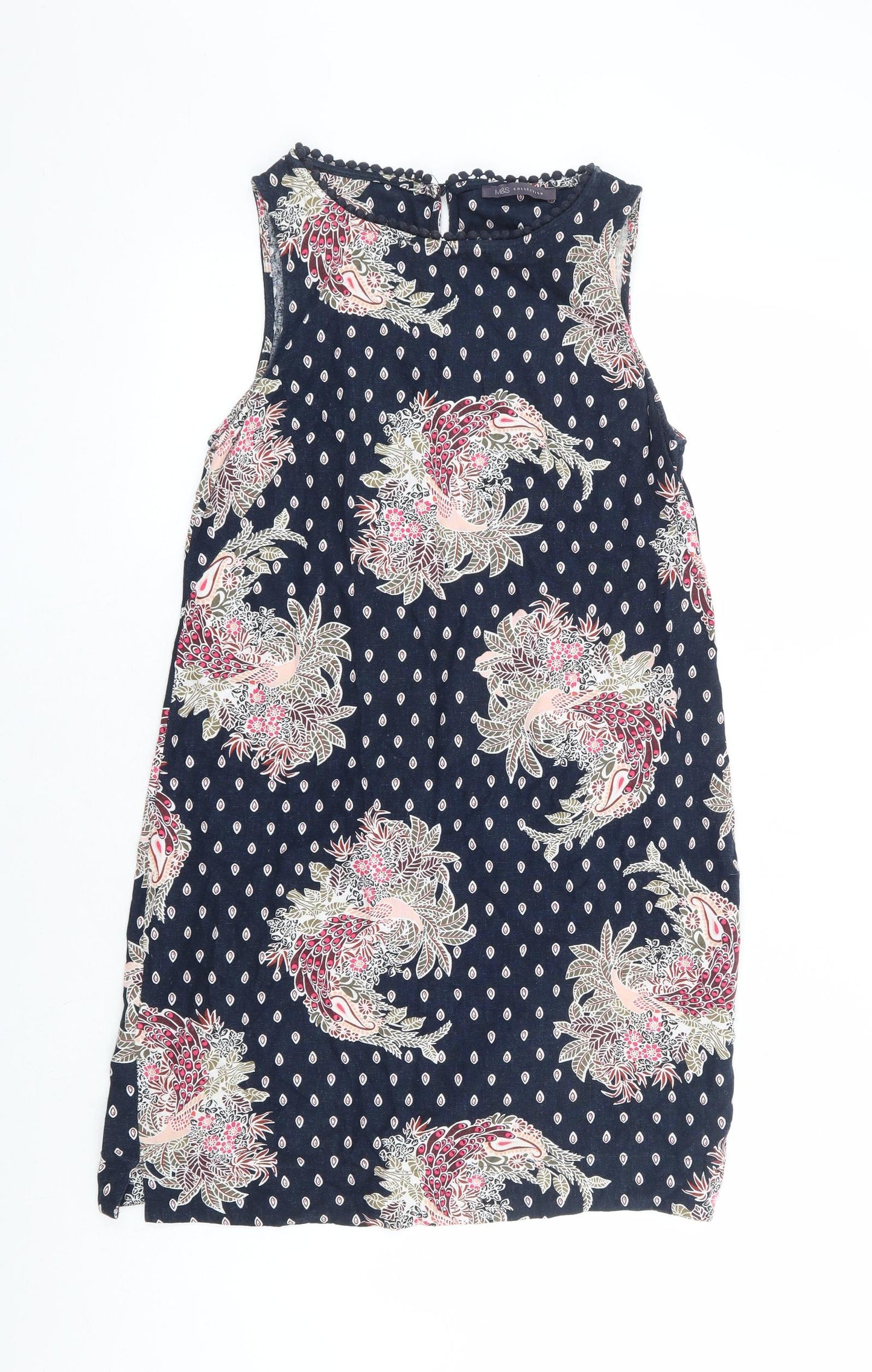 Marks and Spencer Womens Blue Floral Linen A-Line Size 8 Round Neck Button