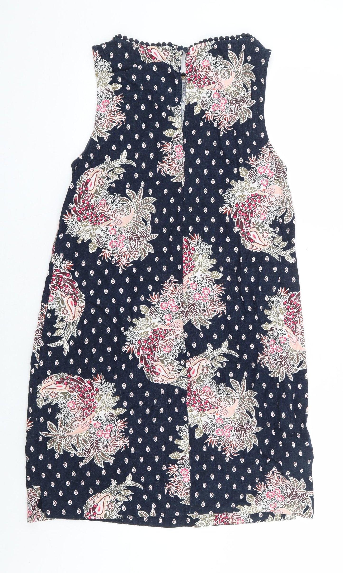 Marks and Spencer Womens Blue Floral Linen A-Line Size 8 Round Neck Button