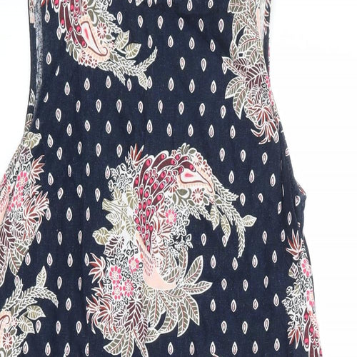 Marks and Spencer Womens Blue Floral Linen A-Line Size 8 Round Neck Button