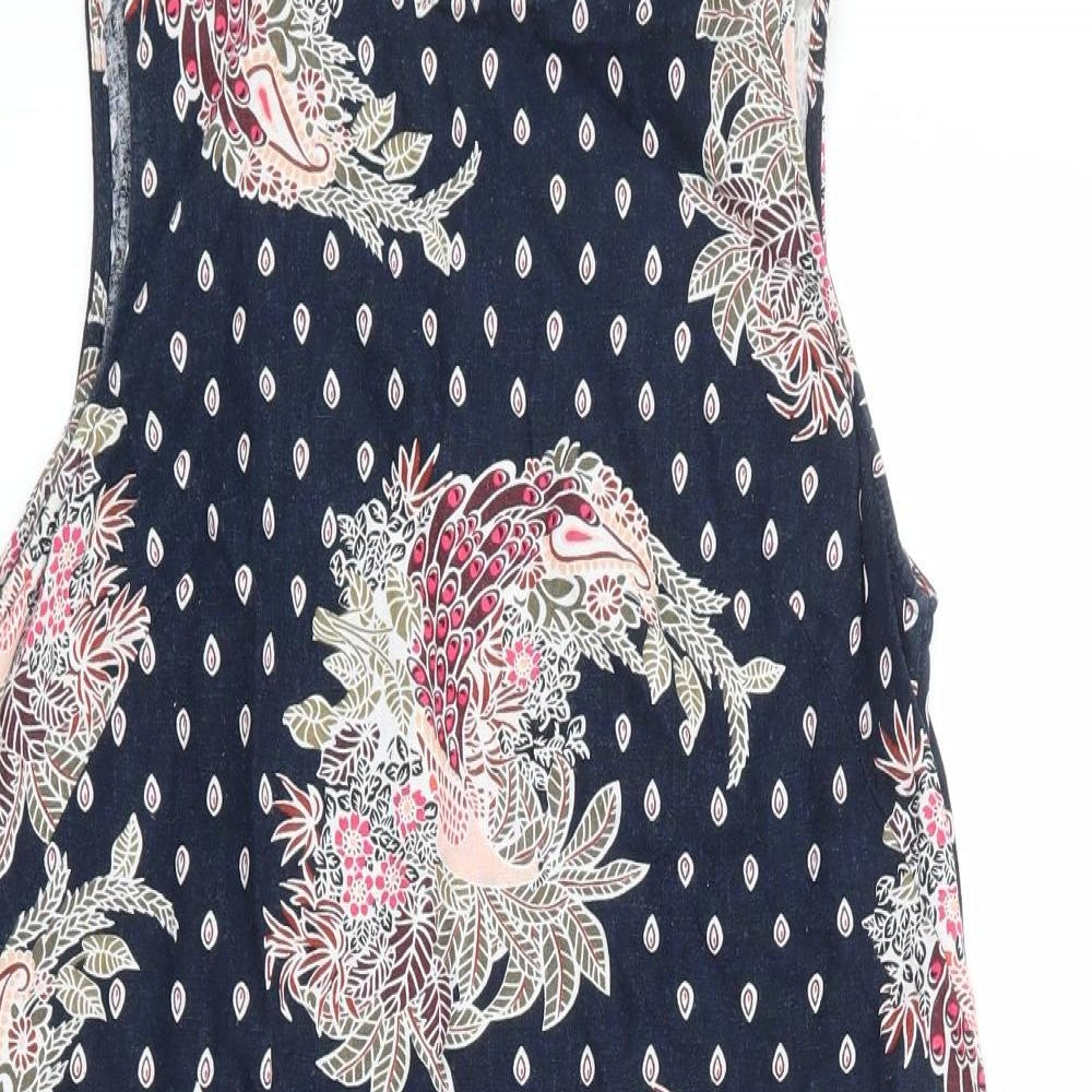 Marks and Spencer Womens Blue Floral Linen A-Line Size 8 Round Neck Button
