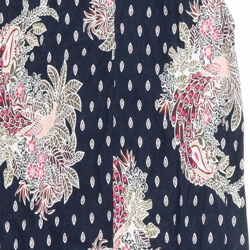 Marks and Spencer Womens Blue Floral Linen A-Line Size 8 Round Neck Button
