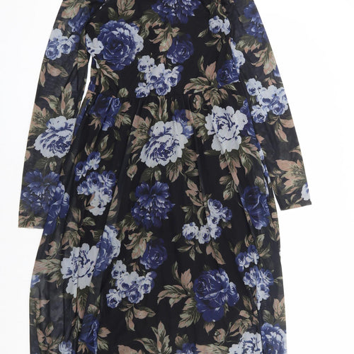 Y.A.S Womens Black Floral Polyamide Fit & Flare Size M Mock Neck Zip