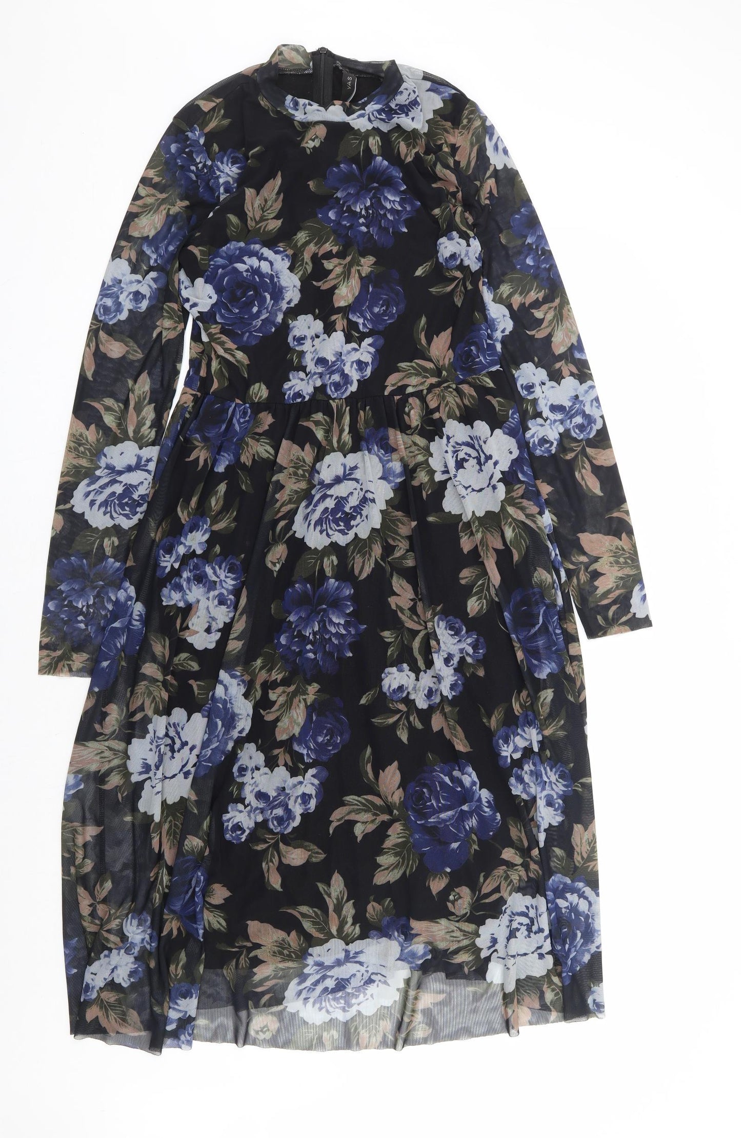 Y.A.S Womens Black Floral Polyamide Fit & Flare Size M Mock Neck Zip