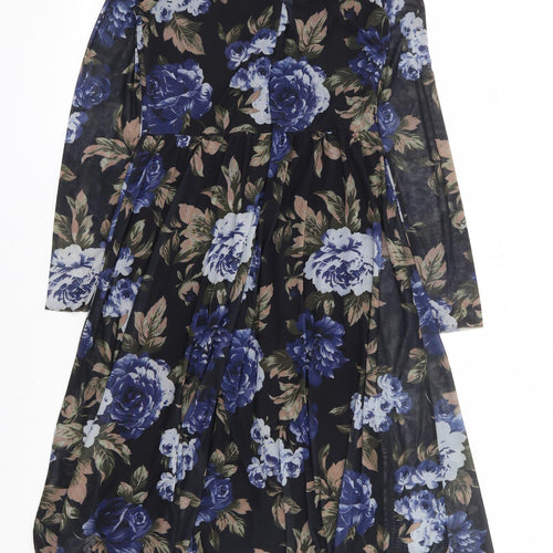 Y.A.S Womens Black Floral Polyamide Fit & Flare Size M Mock Neck Zip