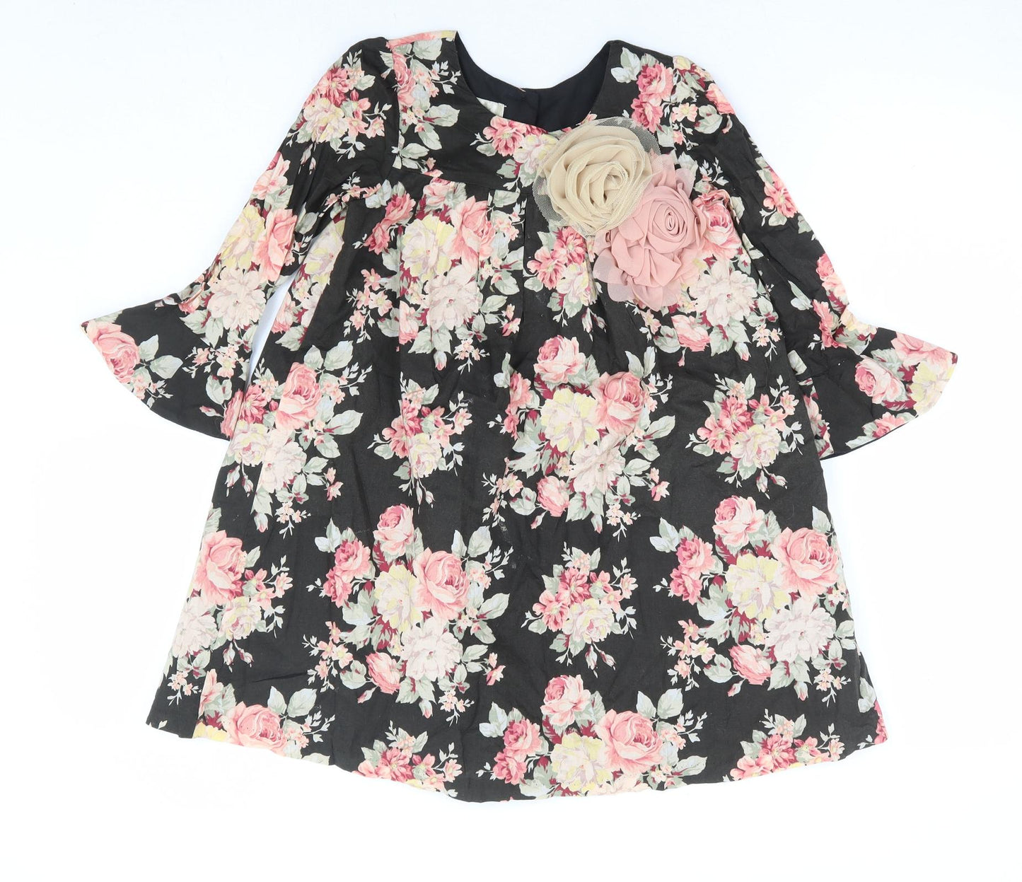 Laura Ashley Girls Black Floral 100% Cotton A-Line Size 6 Years Round Neck Button