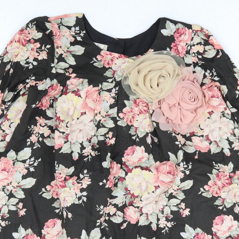 Laura Ashley Girls Black Floral 100% Cotton A-Line Size 6 Years Round Neck Button