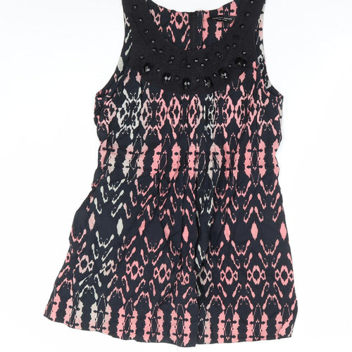 Dorothy Perkins Womens Black Geometric 100% Cotton Mini Size 14 Round Neck Zip