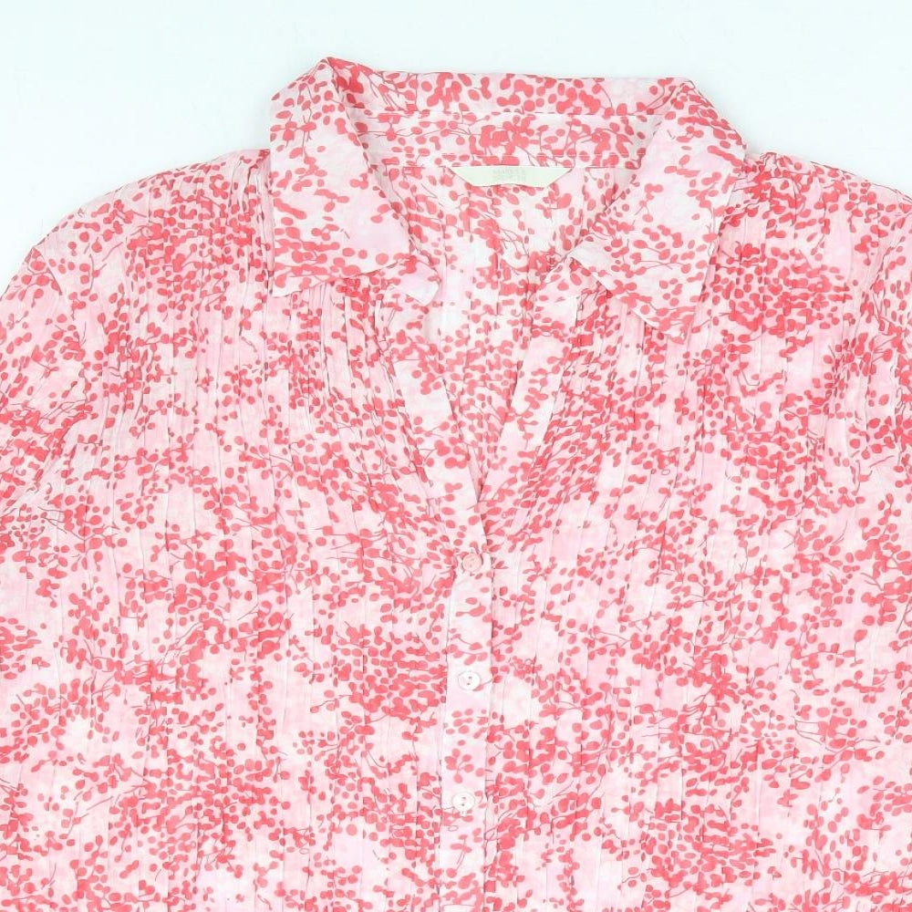 Marks and Spencer Womens Red Floral Polyester Basic Button-Up Size 20 Collared