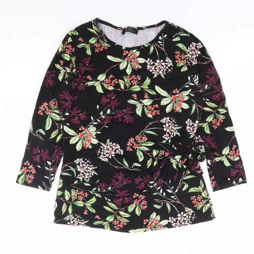 Papaya Womens Black Floral Viscose Basic Blouse Size 10 Round Neck - Side Tie Detail