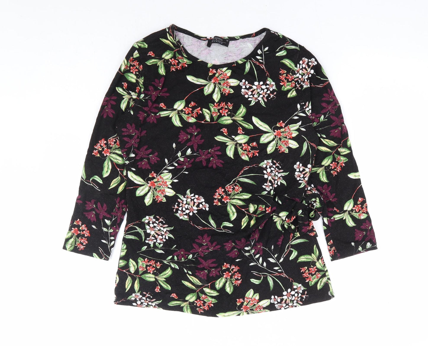Papaya Womens Black Floral Viscose Basic Blouse Size 10 Round Neck - Side Tie Detail