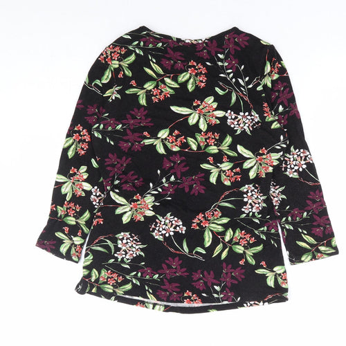 Papaya Womens Black Floral Viscose Basic Blouse Size 10 Round Neck - Side Tie Detail