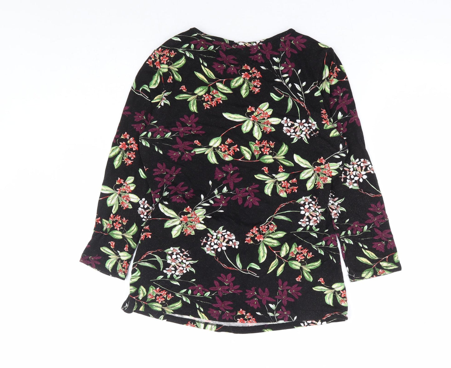 Papaya Womens Black Floral Viscose Basic Blouse Size 10 Round Neck - Side Tie Detail