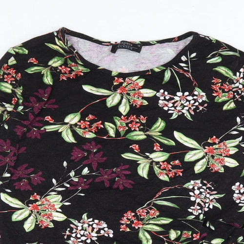 Papaya Womens Black Floral Viscose Basic Blouse Size 10 Round Neck - Side Tie Detail
