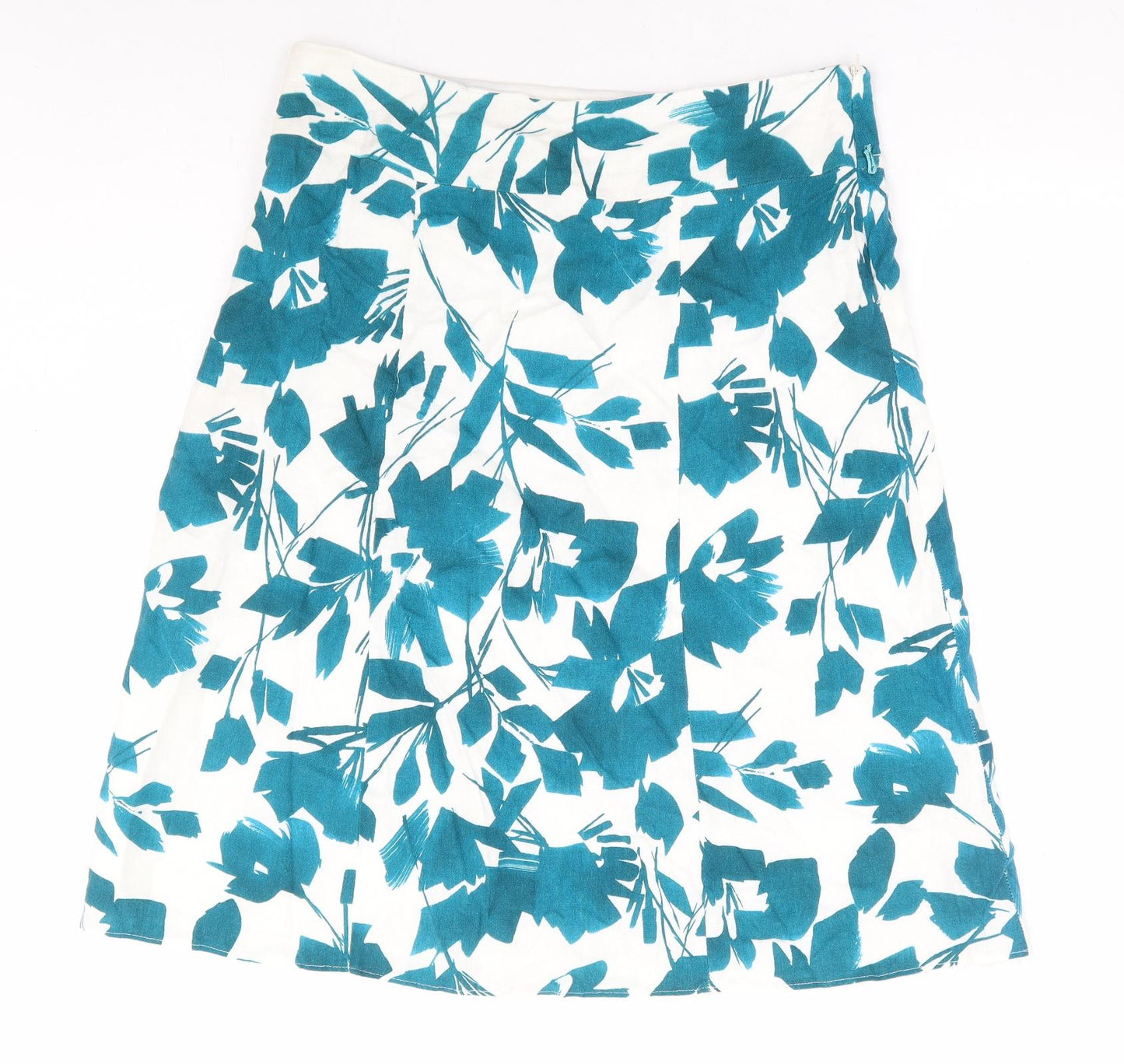 M&Co Womens Blue Floral Linen A-Line Skirt Size 14 Zip