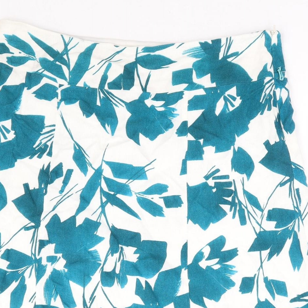 M&Co Womens Blue Floral Linen A-Line Skirt Size 14 Zip