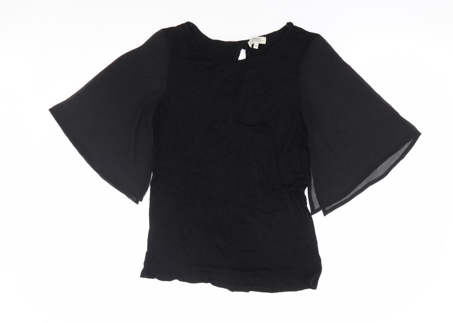 Papaya Womens Black Viscose Basic Blouse Size 10 Round Neck - Chiffon Angel Sleeve